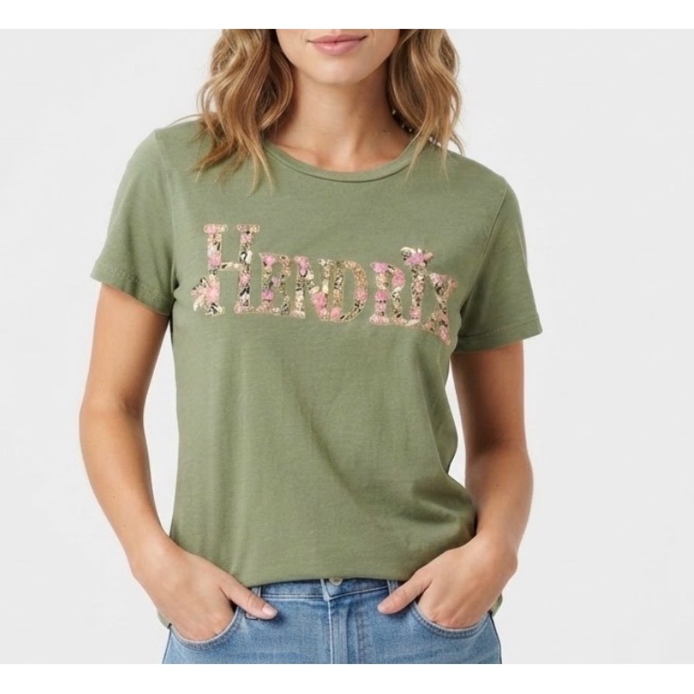 Lucky Brand Authentic Hendrix Floral Embroidered Graphic Tee Green Size M